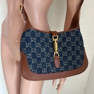 Authentic Gucci Jackie 1961 Small Hobo, Jacquard GG Denim Calfskin leather